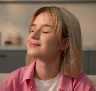 Close up portrait calm smiling peaceful Caucasian teen student girl woman lady female homeowner renter housekeeper at home apartment indoors dreaming relaxing at couch insurance mortgage loan dream. High quality photo